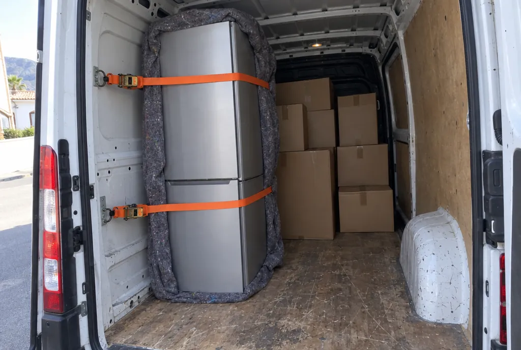 Frigorífico combi plateado de pie dentro de una furgoneta, envuelto en una manta de mudanza y sujeto a la pared lateral con dos cinchas naranjas, con cajas de cartón detrás