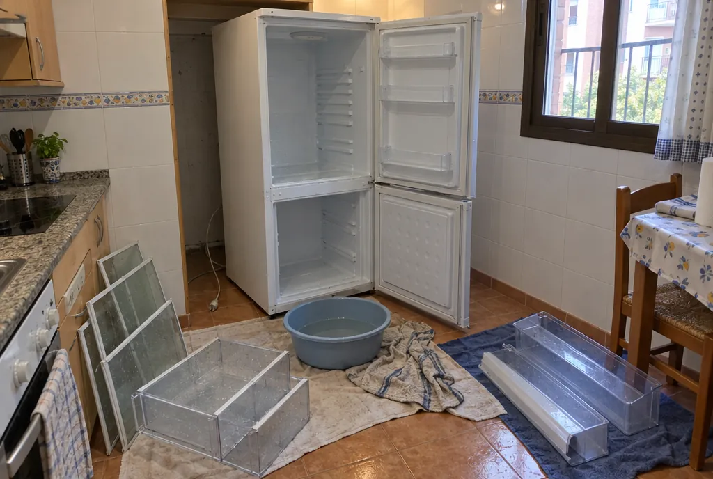 Frigorífico combi blanco desenchufado y vacío en una cocina con azulejos, con las puertas abiertas, las baldas y los cajones fuera sobre toallas y un barreño delante para el agua del descongelado