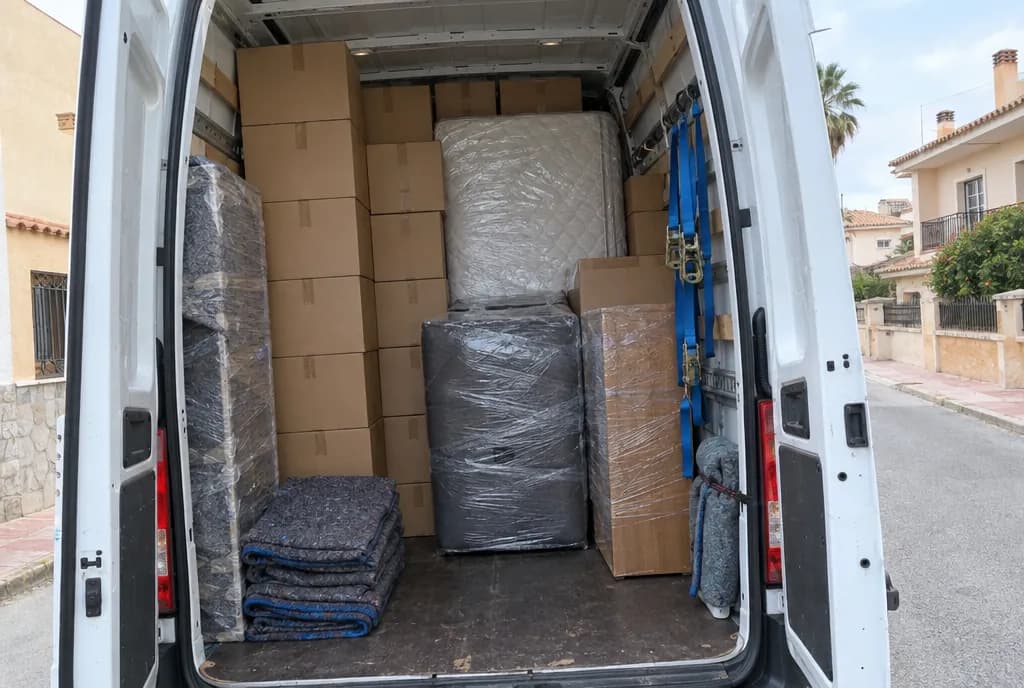 Furgoneta grande con las puertas traseras abiertas, cargada hasta el techo con cajas de cartón iguales, muebles envueltos en film, un colchón y mantas de mudanza dobladas