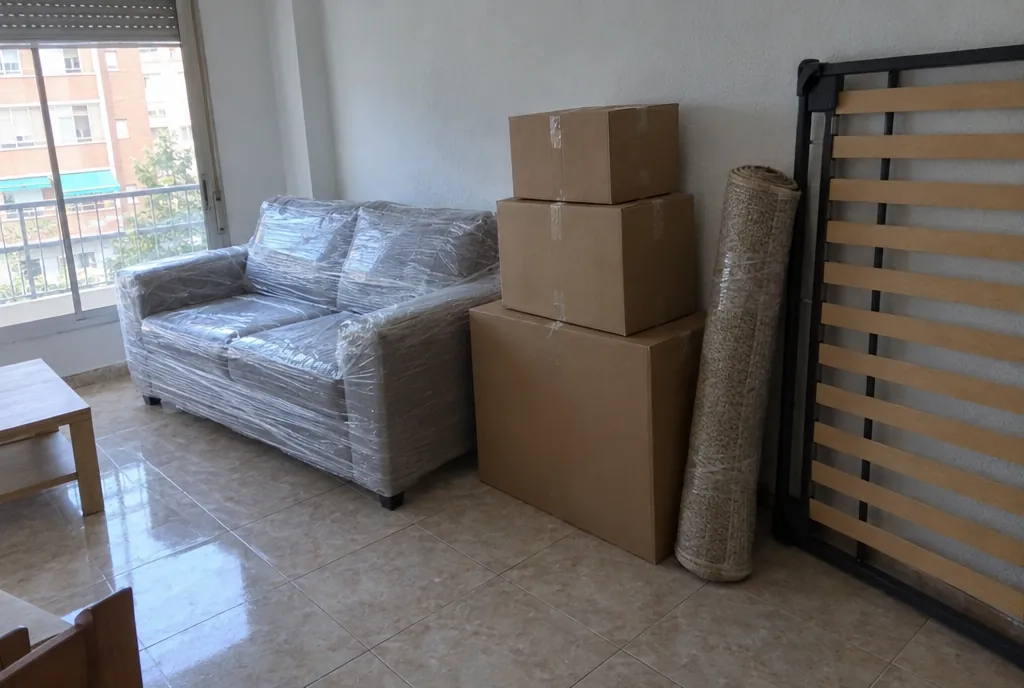 Salón de un piso con un sofá de dos plazas envuelto en film, cajas de cartón apiladas, una alfombra enrollada y una estructura de cama desmontada apoyada en la pared